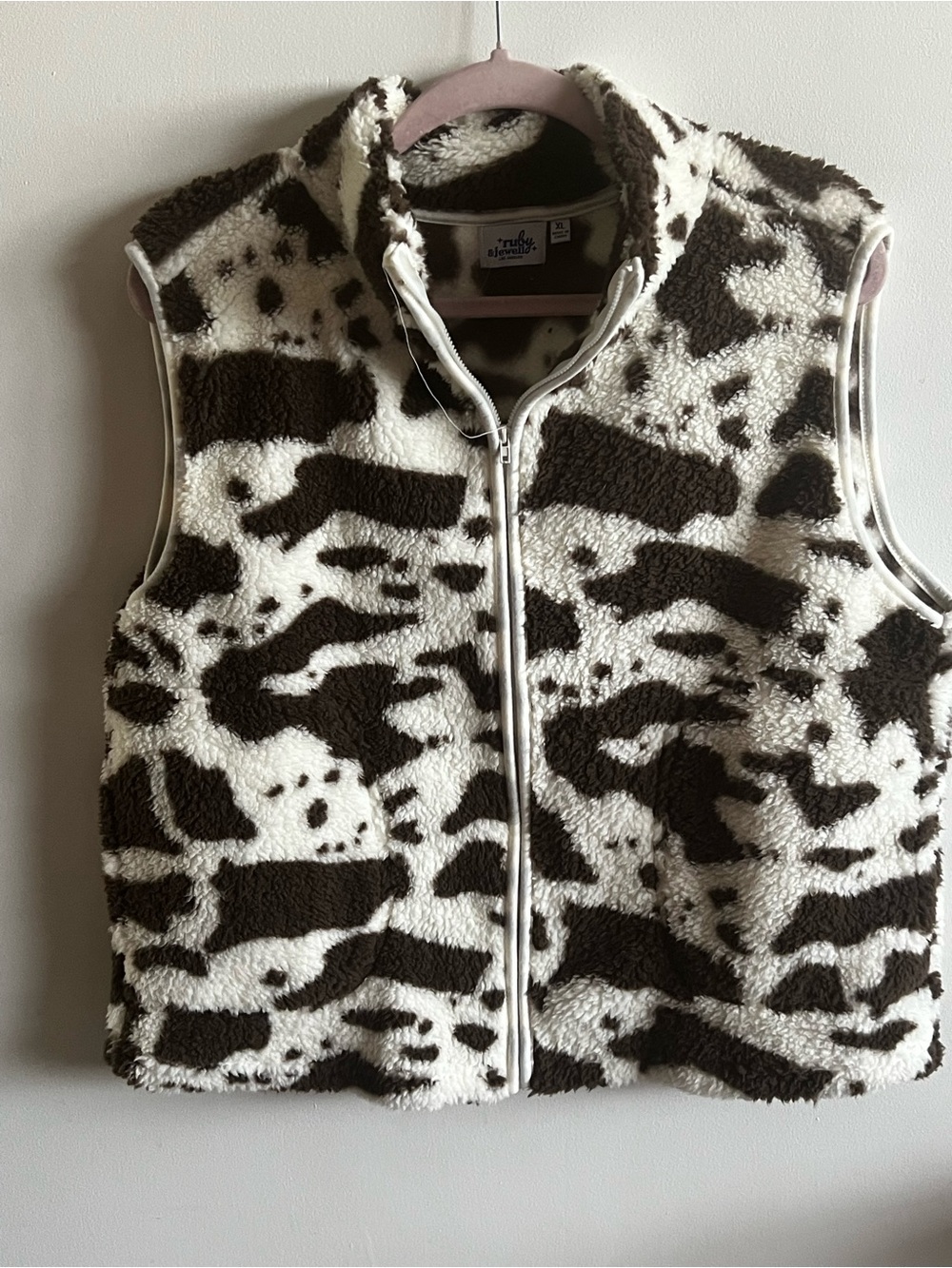 ruby & bloom Cow Print Sherpa Vest in White and Brown